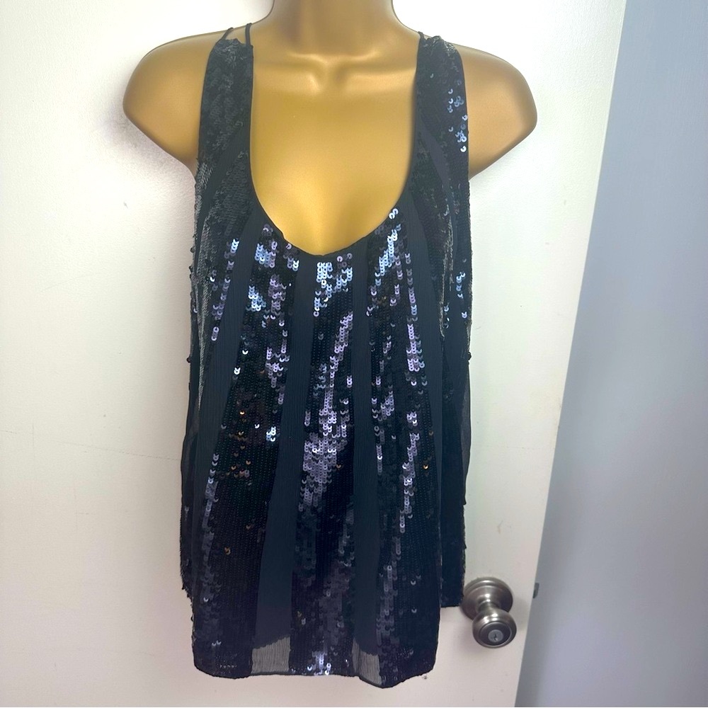 Juicy Couture Black Y2k Vintage (2009) Sequin 100% Silk Strappy Fairy Top 10‎